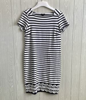 Talbots Navy White Stripe Short Sleeve Lace Trim Shift Dress XS